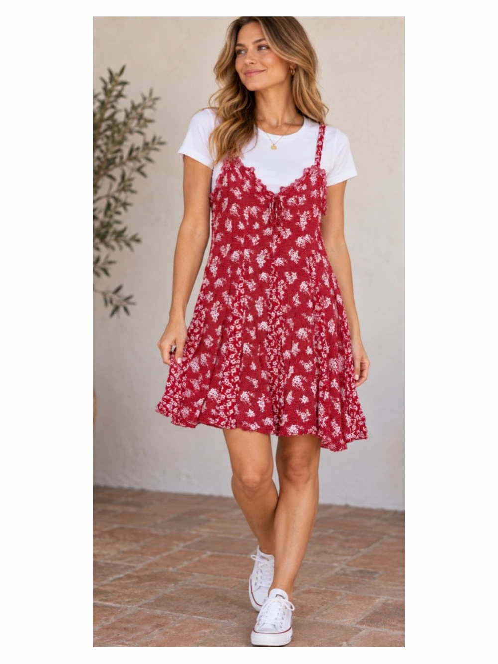 Free People Don't Dare Red Mixed Floral Print Mini Slip Dress Size XS